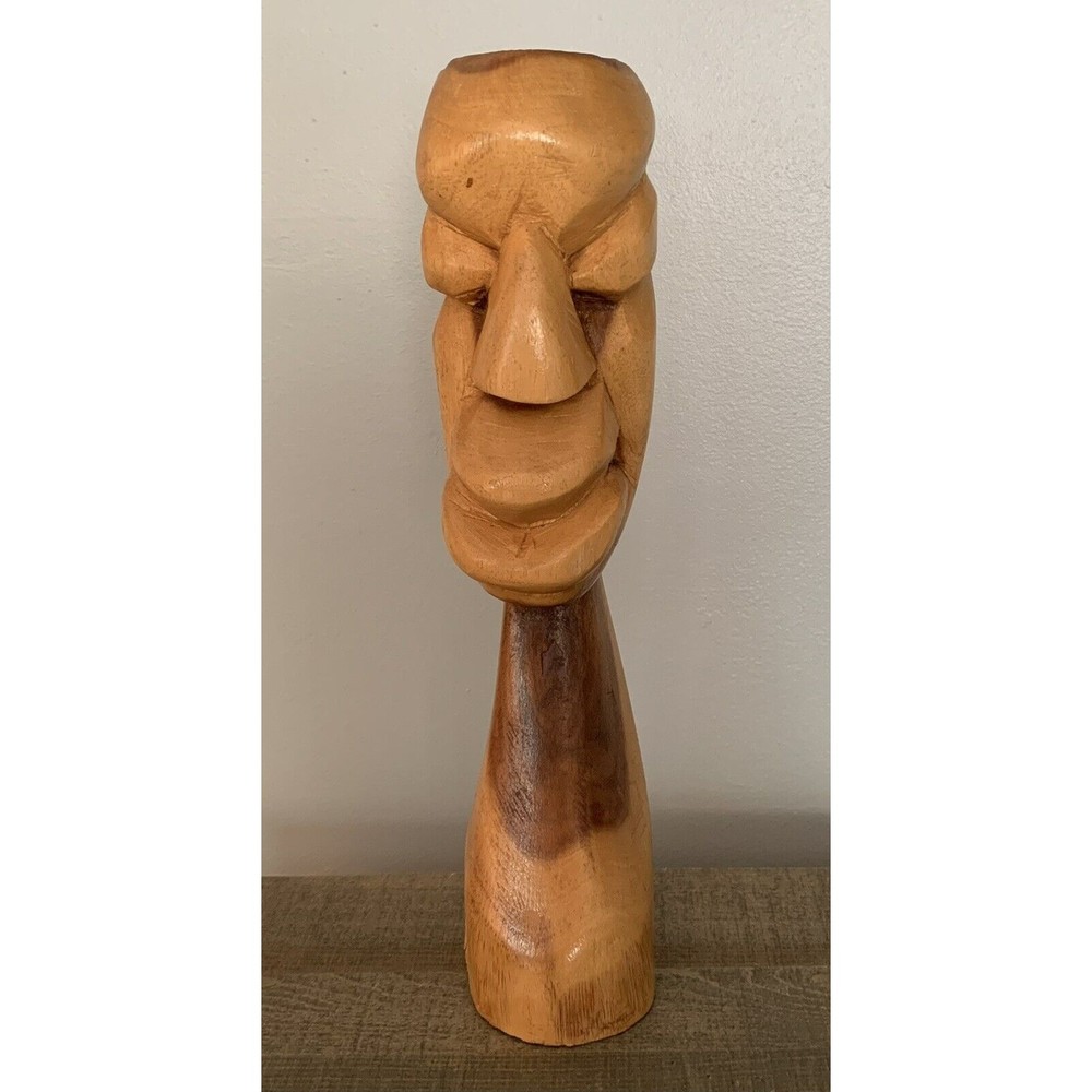 Mid-Century Art Hand Carved Wooden Male Bust Sculpture 14" MCM Vtg